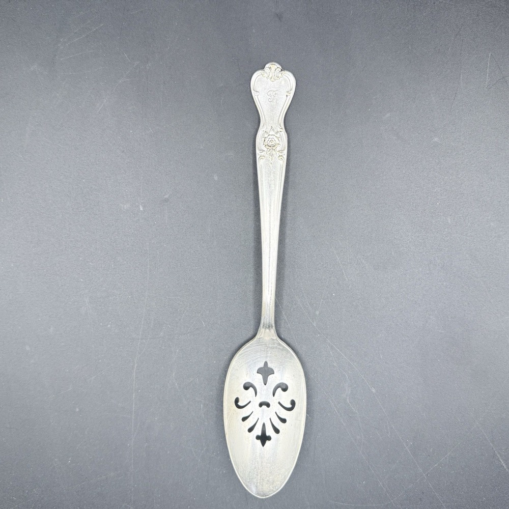 Old Company Plate Signature Silverplate Slotted Serving Spoon‎ 8.5" Monogram F